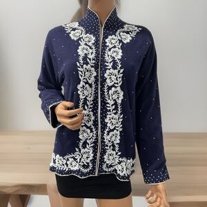 Garuda Navy /white Beads Jacket Size 44 M/L Lining Long Sleeve